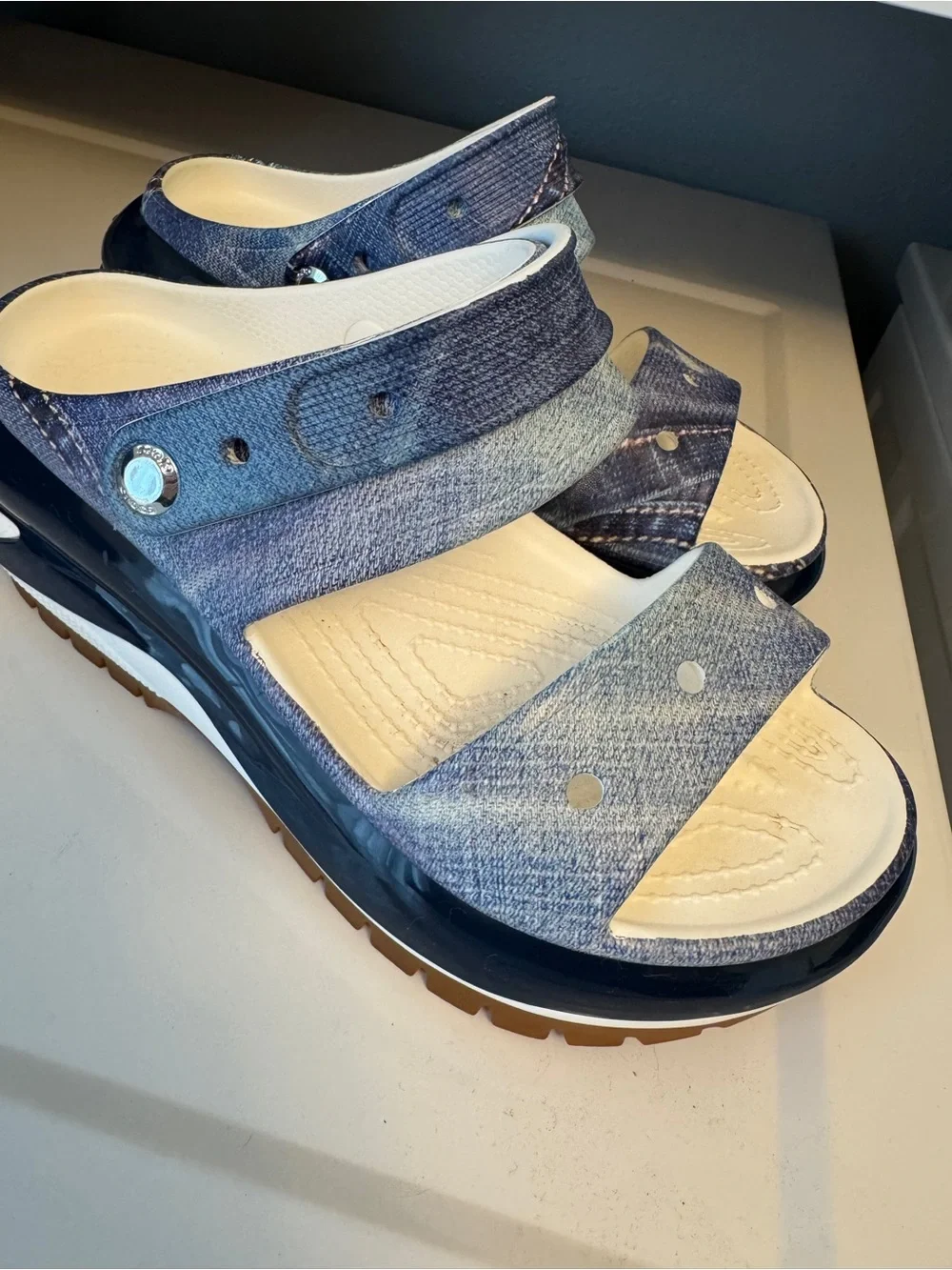 Platform Denim-Print Sandal in Light Blue